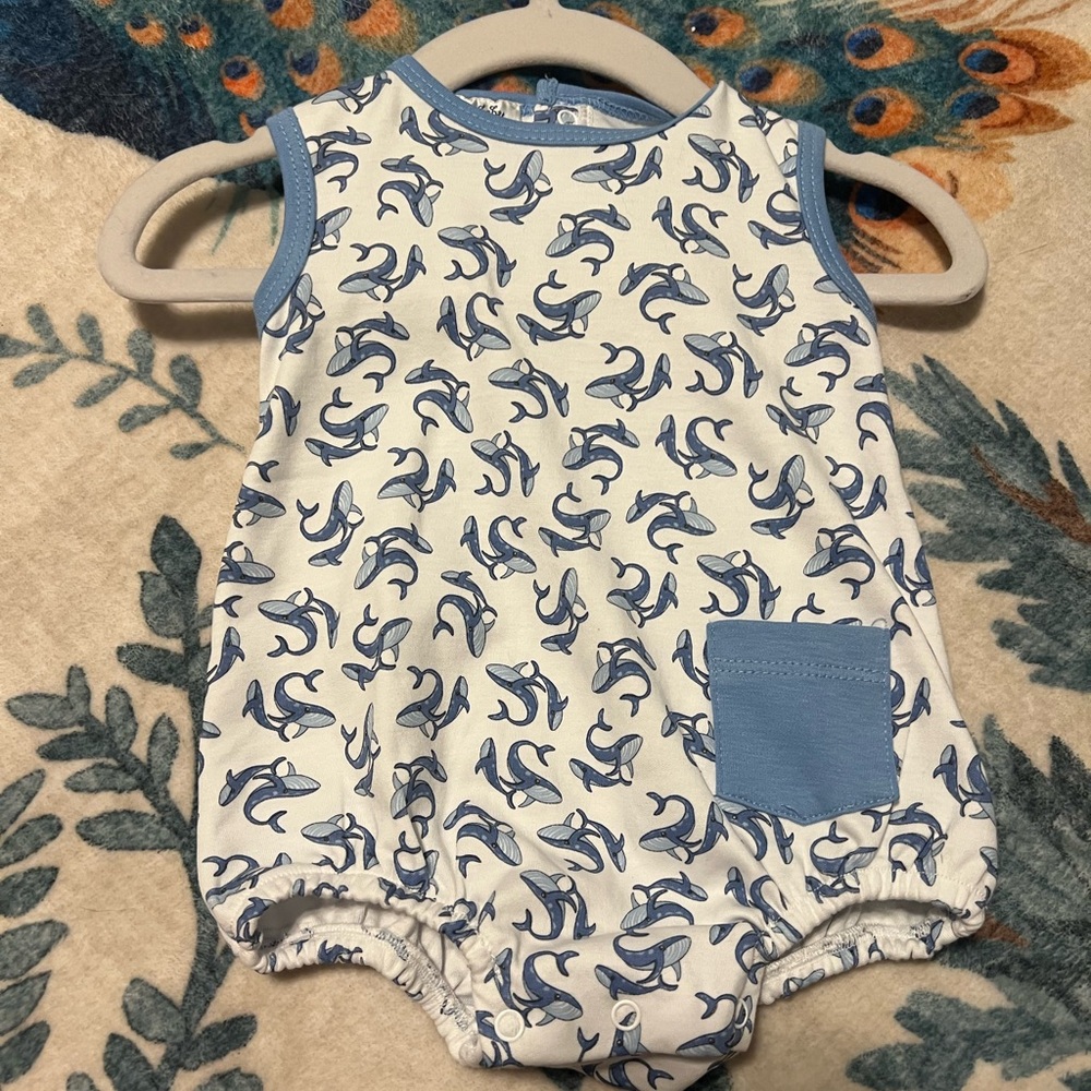 Blue and White Whale Print Baby Romper